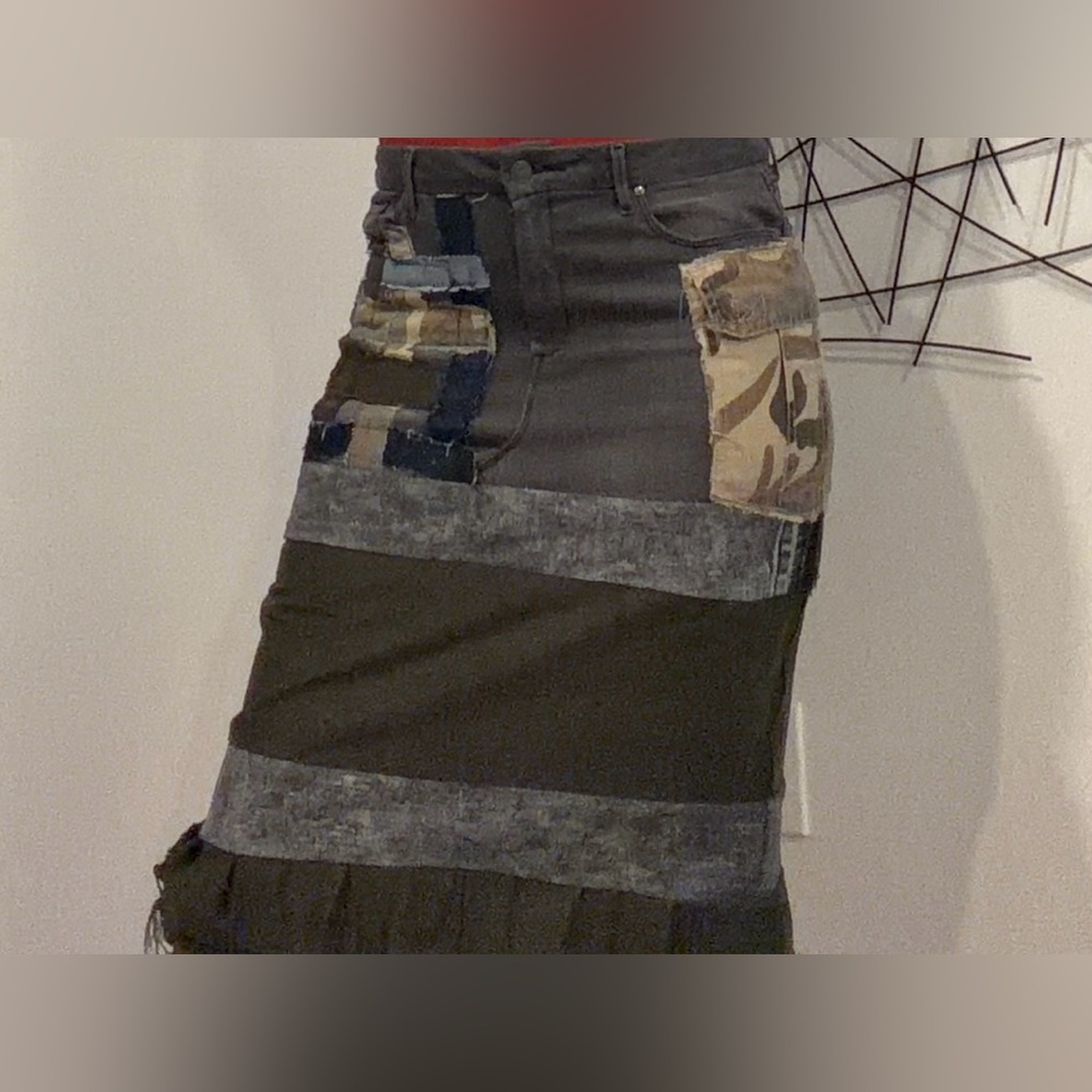 Custom Patchwork Denim and Camouflage Skirt